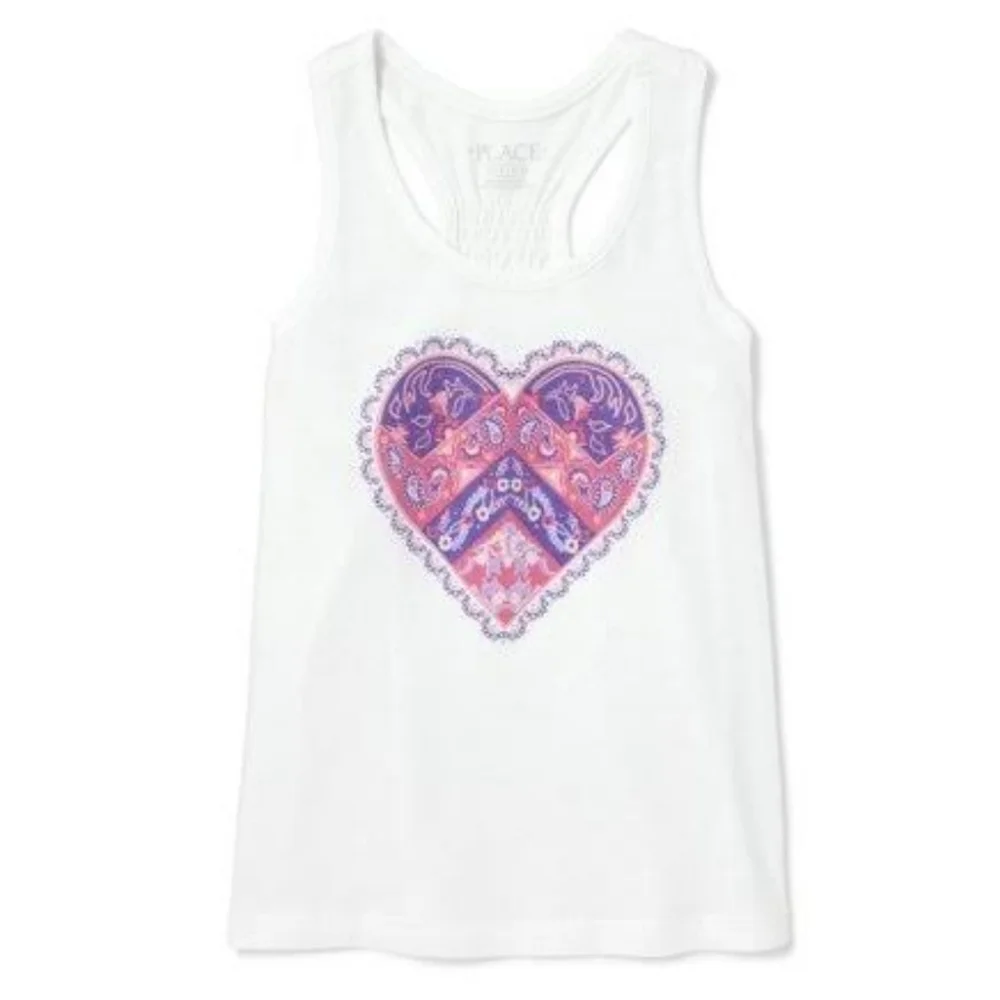 THE CHILDREN'S PLACE Graphic Bandana Print Pink Heart Smocked Ivory Tank Top‎ XL